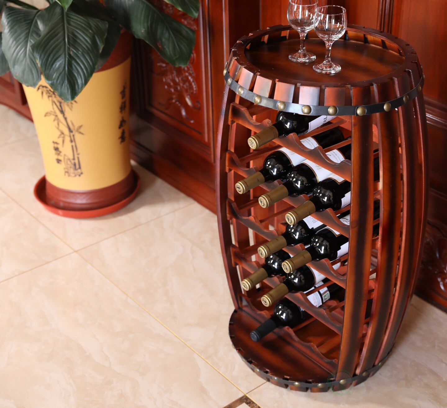 Rustic Barrel Shaped Wooden Wine Rack for 23 Bottles