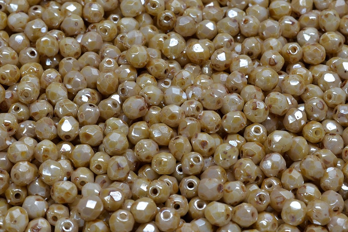 4mm Czech Fire Polish Round Bead, Opaque Lazure White, 50 pieces