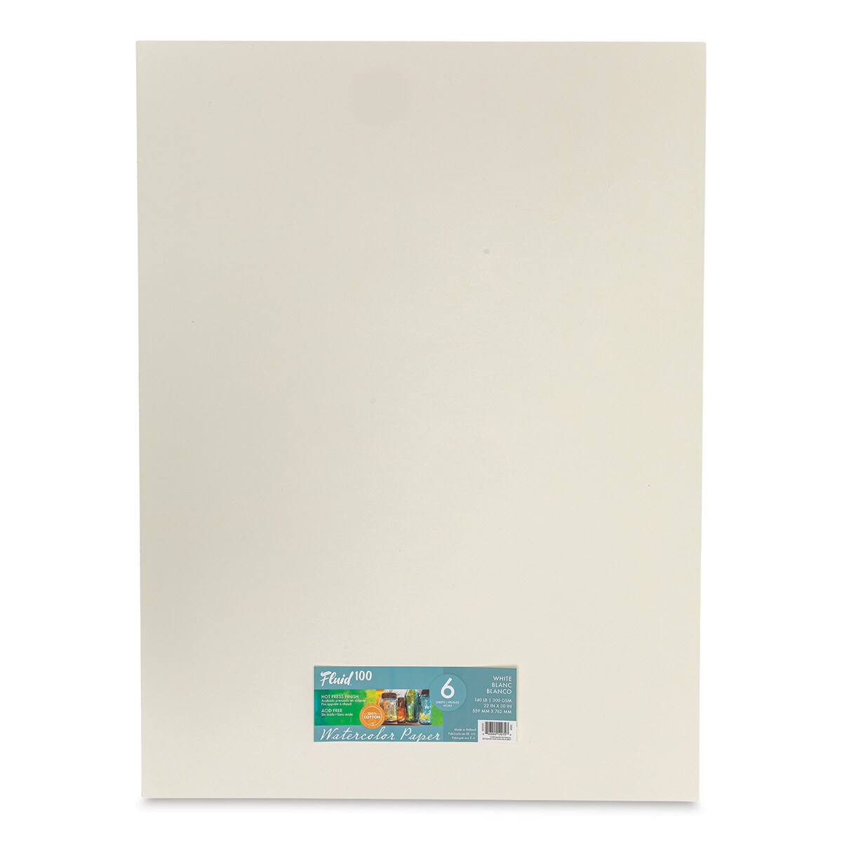 Fluid 100 Watercolor Paper - 22&#x22; x 30&#x22;, Pkg of 6 Sheets, 140 lb, Hot Press