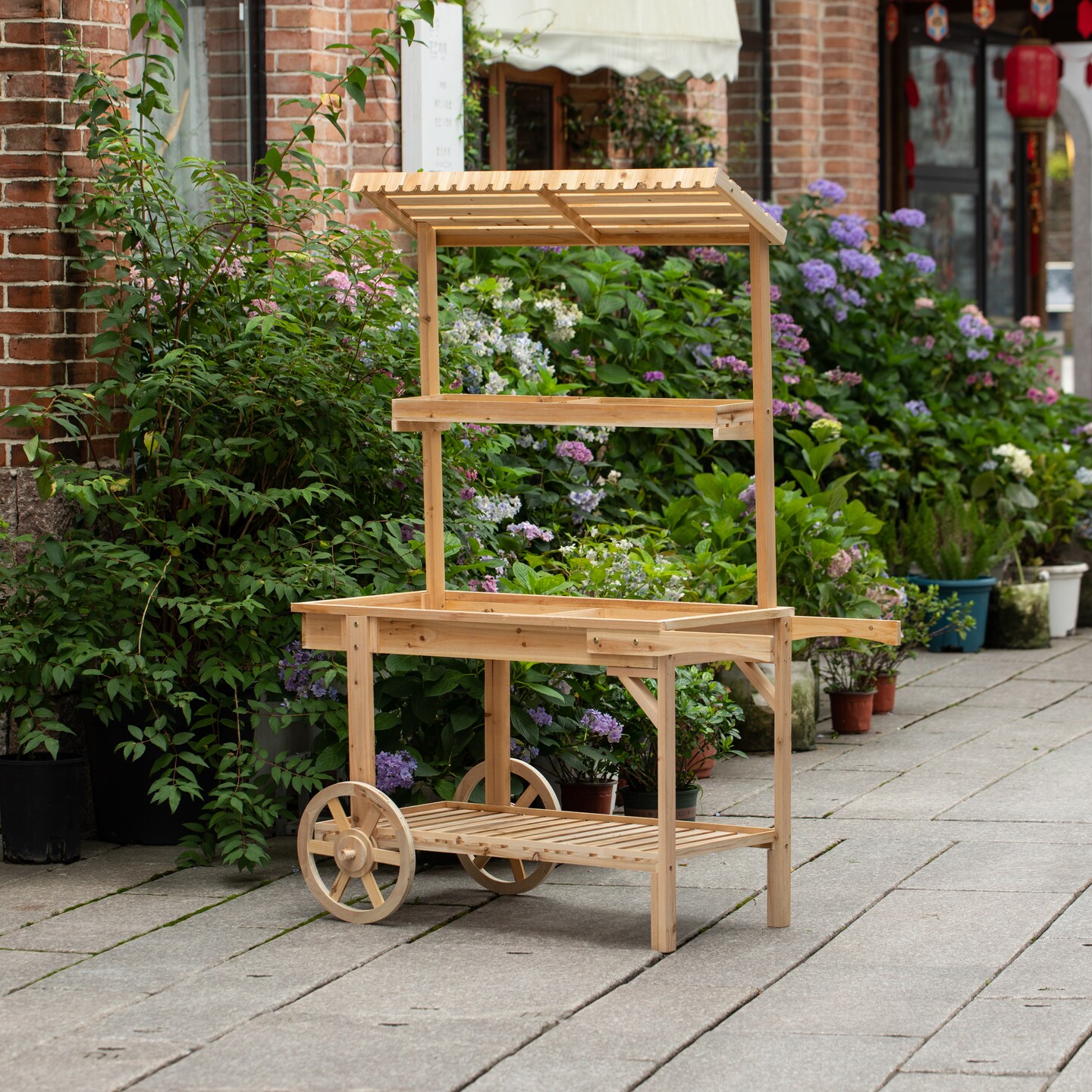 Antique Solid Wood Decor Display Rack Cart Wood Plant Stands with Wheels for Decor Display | 2 Wheeled Wood Wagon with Shelves for Plants and More