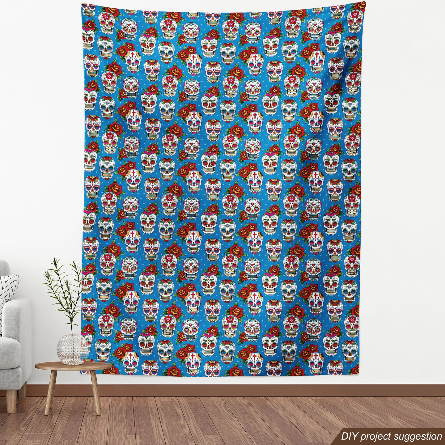 Ambesonne Sugar Skull Fabric by The Yard, Retro Style Mexican Cultural Pattern on Polka Dots Rose Bouquets Skeletons, Decorative Fabric for Upholstery and Home Accents, 3 Yards, Sea Blue