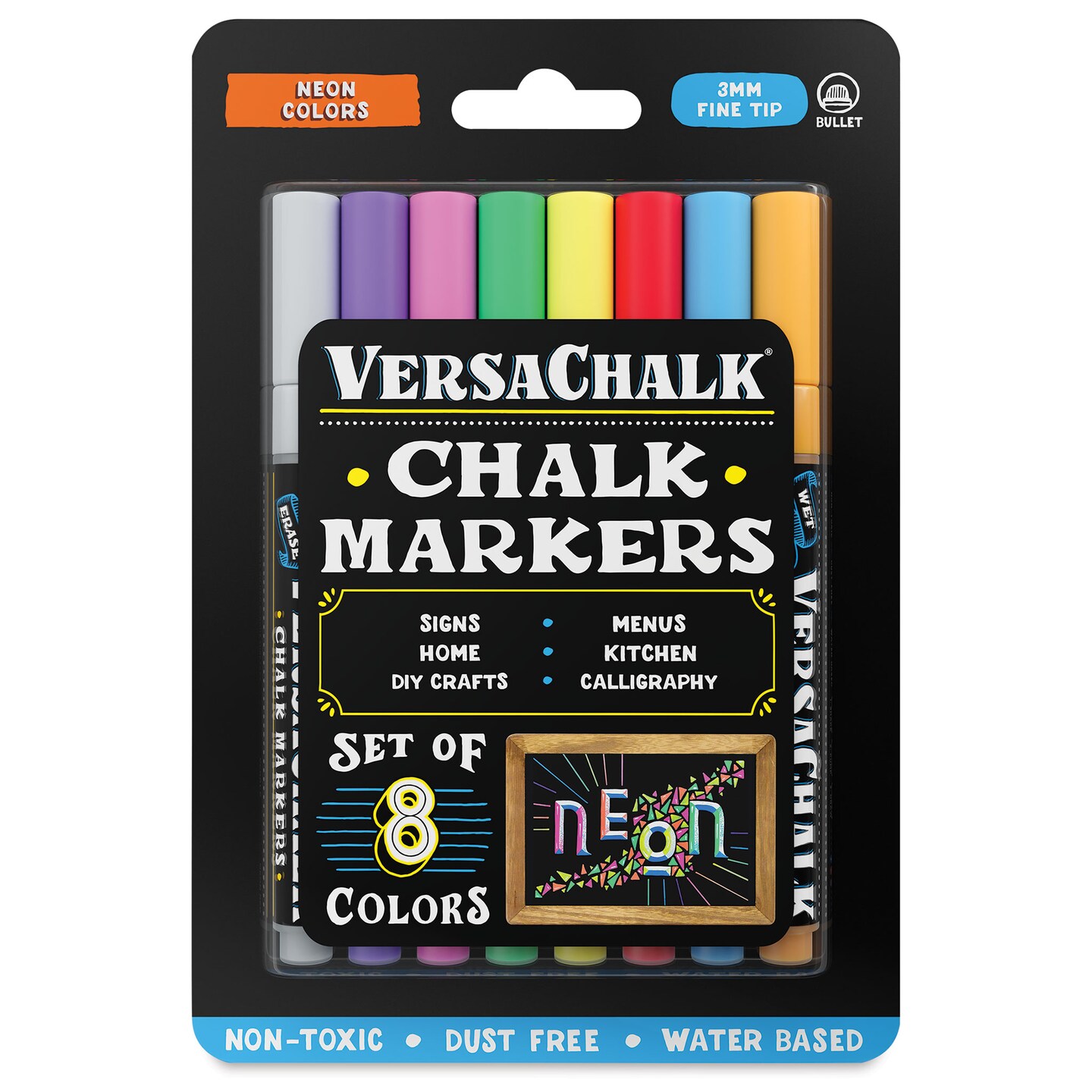 VersaChalk Liquid Chalk Markers - Set of 8, Neon Colors, Fine