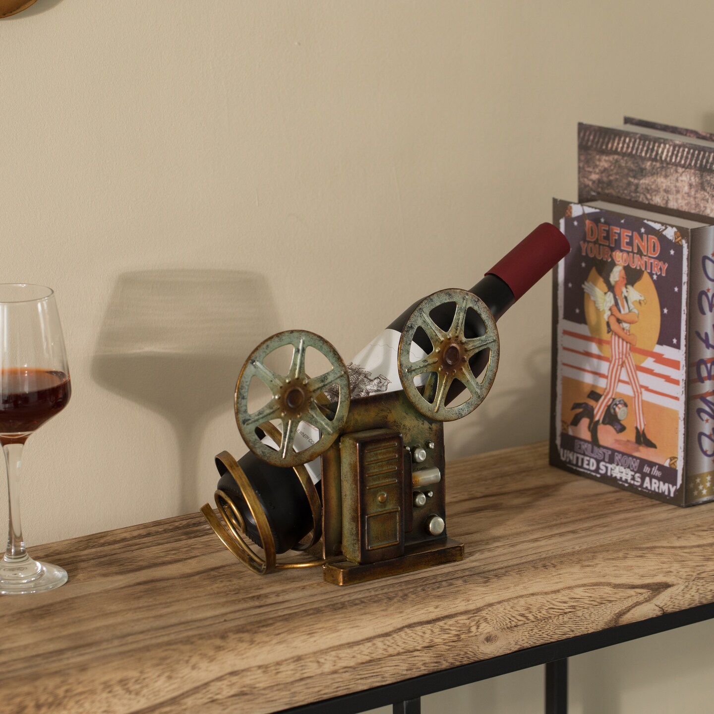 Decorative Bronze Metal Vintage Single Bottle Film Projector Wine Holder for Tabletop or Countertop