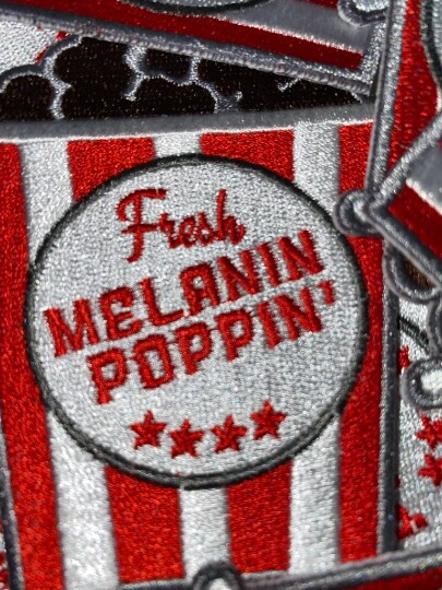 Patch Party Club “Melanin Poppin Popcorn” Iron-On Embroidered Patch, Size 3.5”