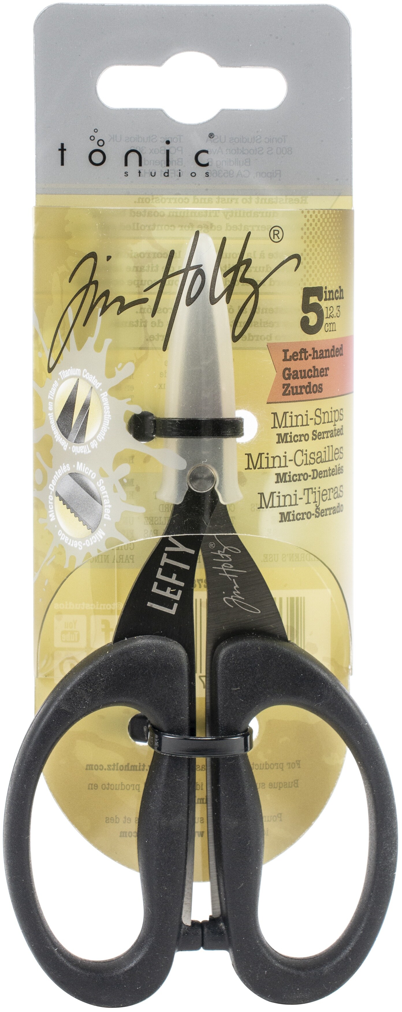 Tim Holtz Left Handed Scissors - 5 Inch Mini Snips with Micro Serrated Blade - Lefty Craft Tool for Cutting Paper, Fabric, and Sewing - Titanium with Black Comfort Grip Handles