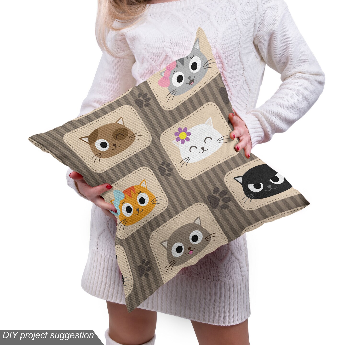 Ambesonne Cat Fabric by The Yard, Patchwork Inspired Pattern Kitty Faces Silly Expressions Footprints Stripes, Decorative Fabric for Upholstery and Home Accents, 1 Yard, Taupe Orange