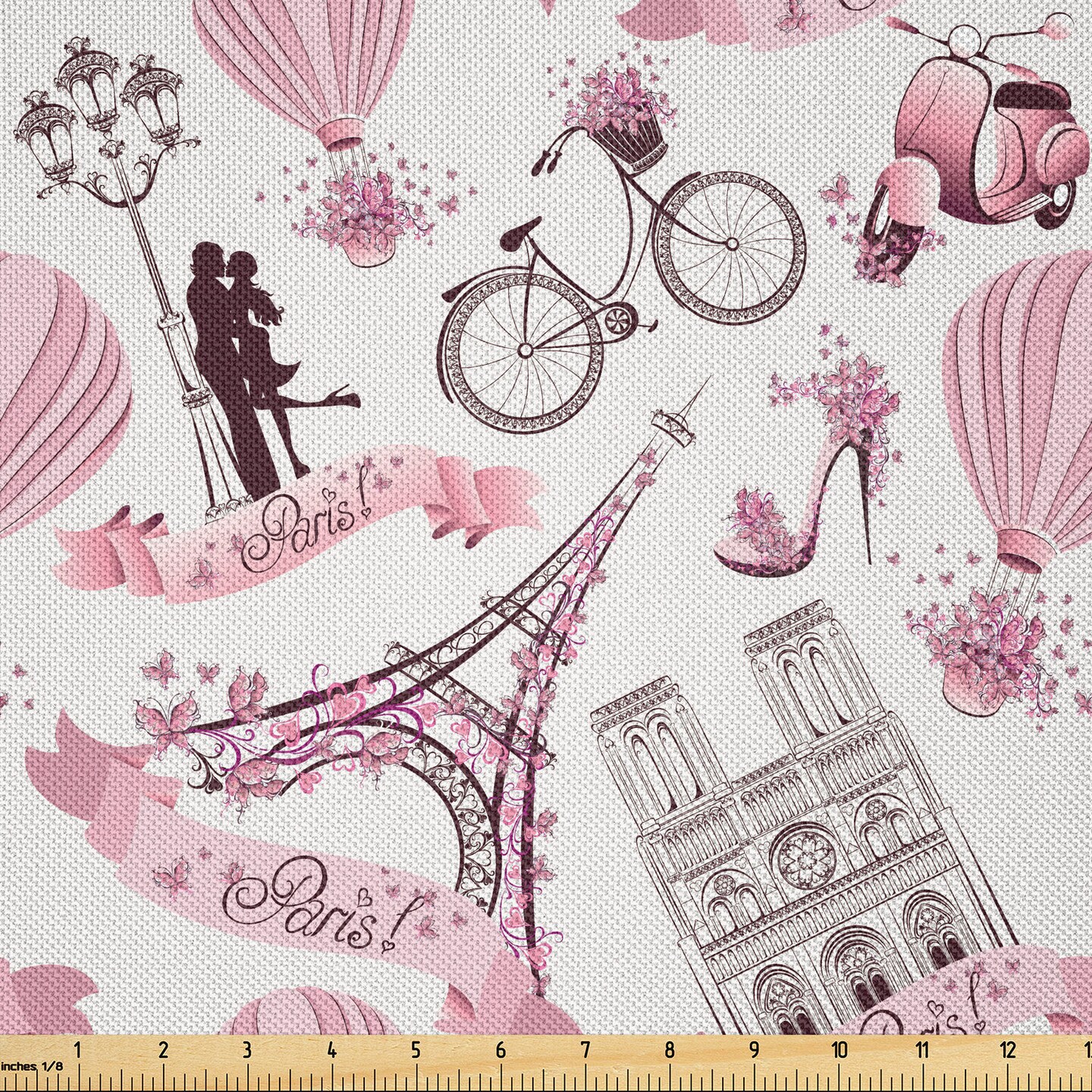 Ambesonne Eiffel Fabric by The Yard, Love in The City Paris French Bridal Composition Romantic Travel Pink Blossoms, Decorative Satin Fabric for Home Textiles and Crafts, 10 Yards, Rose Black White