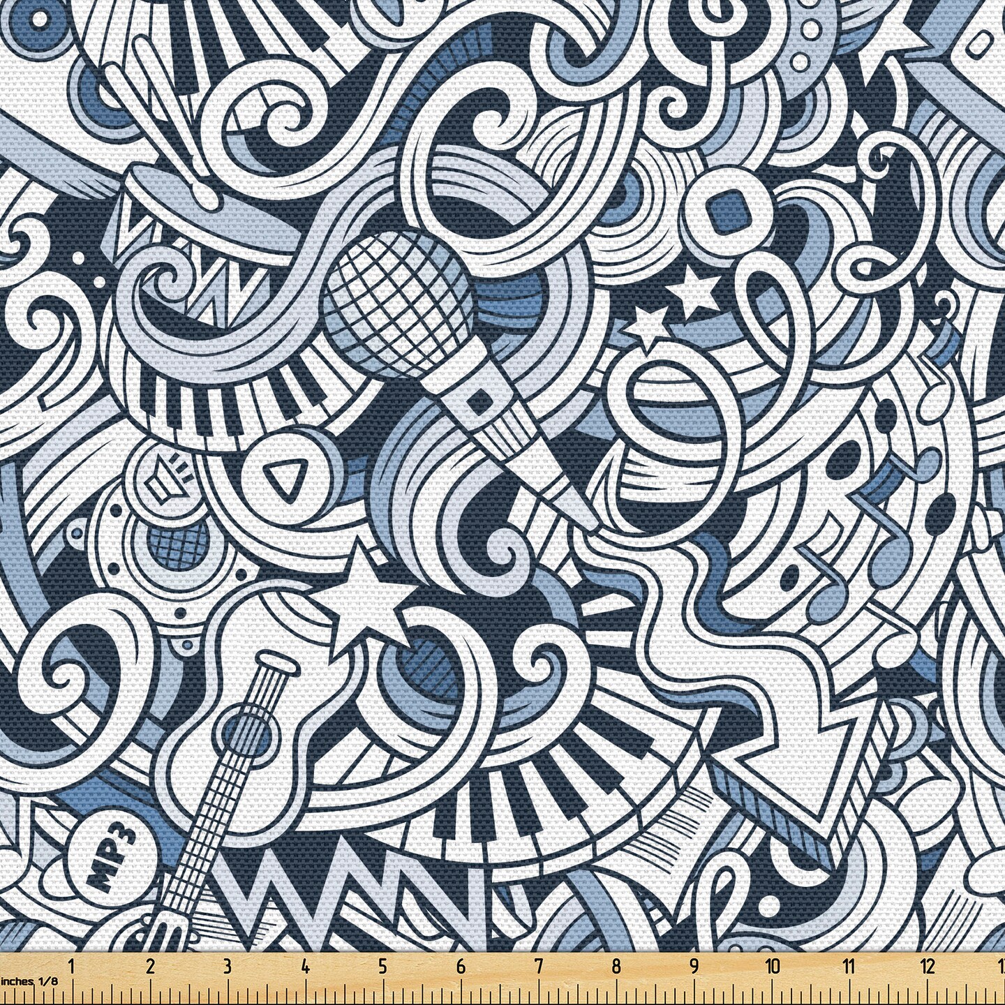 Ambesonne Popstar Party Fabric by The Yard, Cartoon Style Hand Drawn Doodles Music Theme Line Art Print, Decorative Fabric for Upholstery and Home Accents, 3 Yards, Blue White