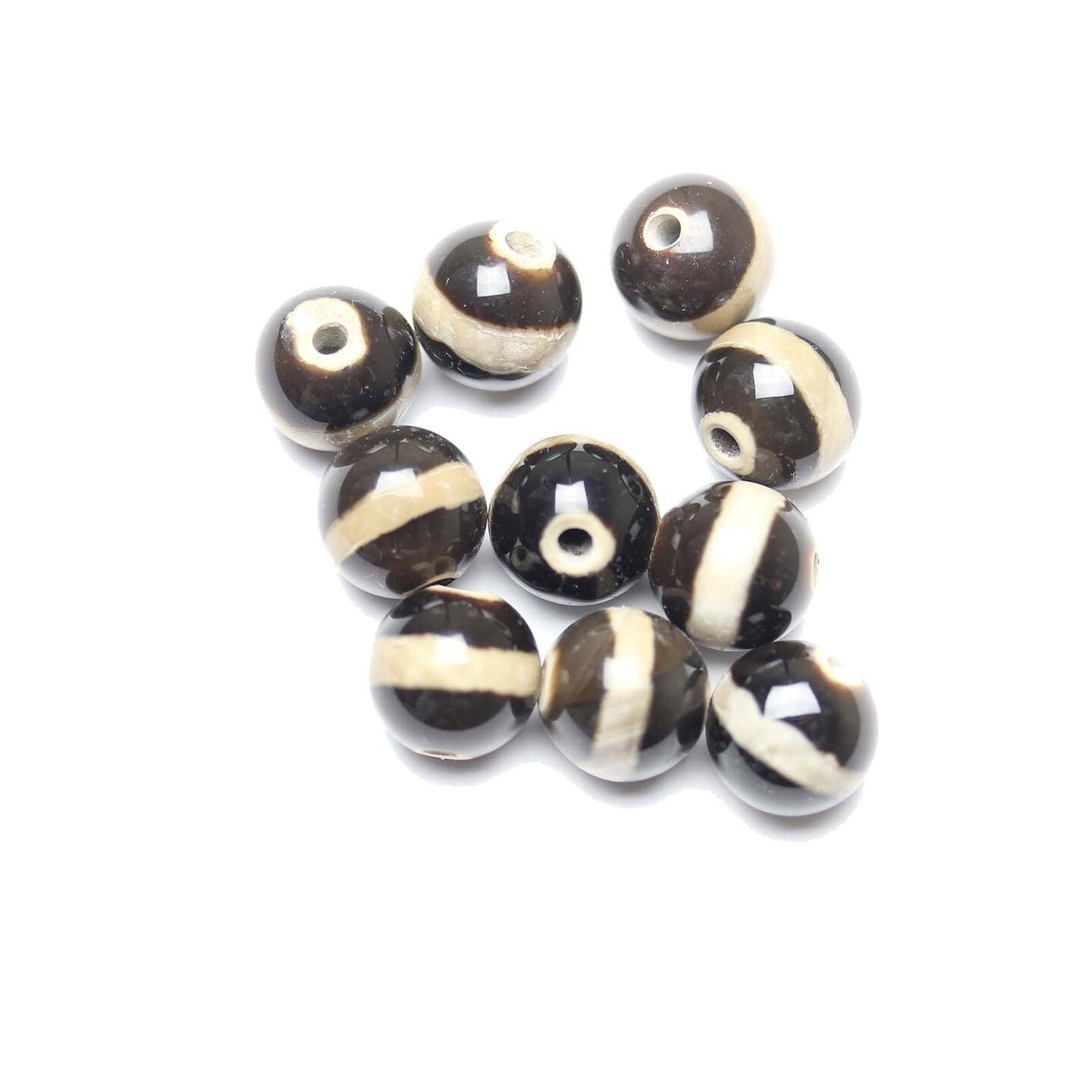 Dark Amber/Black Dyed Agate Stone Batik Cream Stripe 8mm Round Beads