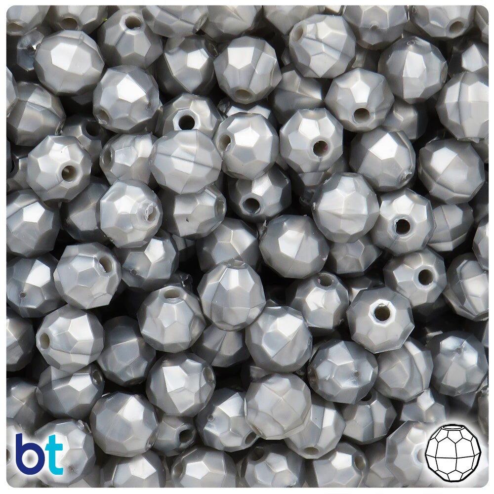 BeadTin Medium Silver Pearl 10mm Faceted Round Plastic Craft Beads (225pcs)