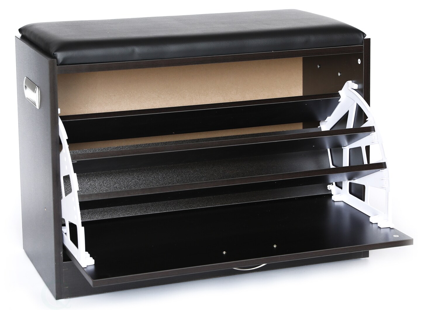 Black Wooden Fold-out Shoe Organizer - Shoe Storage Bench with Leather Cushion
