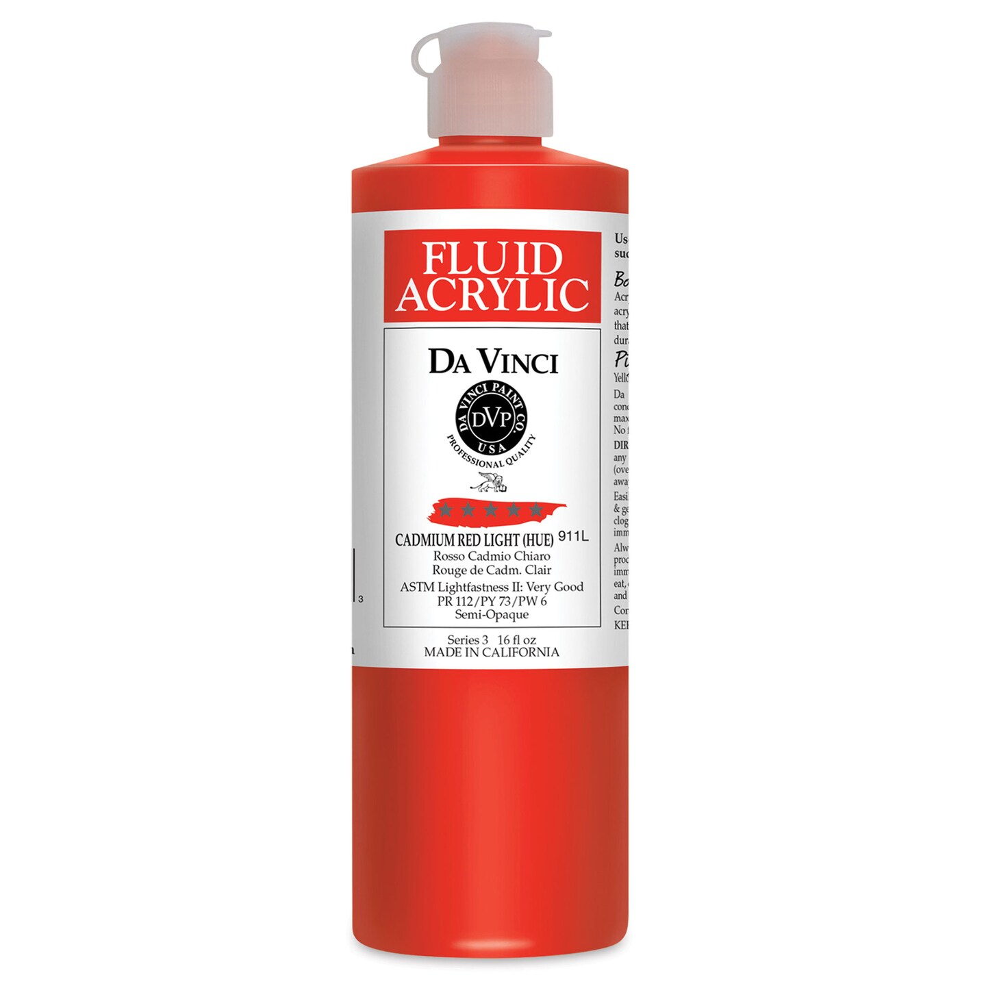 Da Vinci Fluid Acrylics - Cadmium Red Light Hue, 16 oz bottle