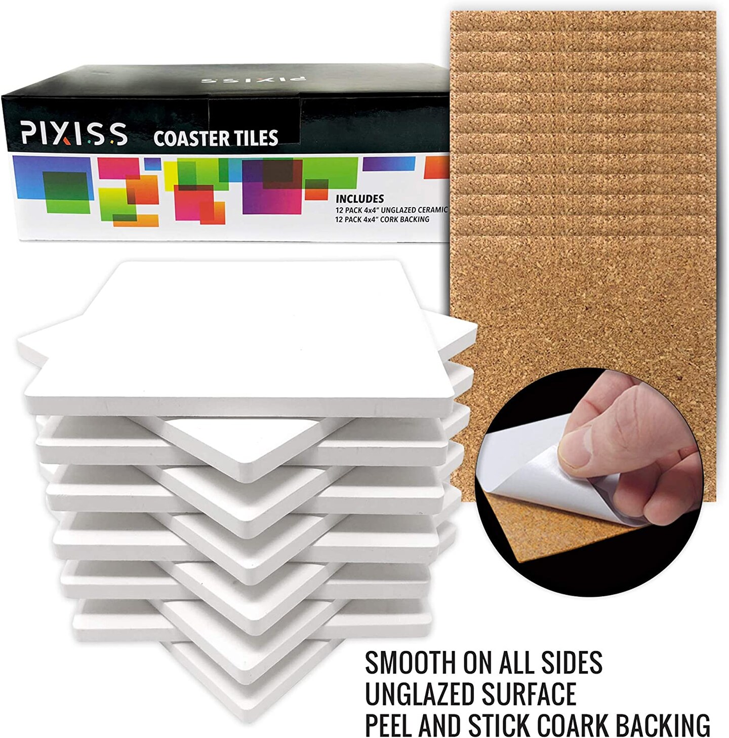 Pixiss 100 Pack Square Ceramic White Tiles Unglazed 4x4 with Cork Backing Pads