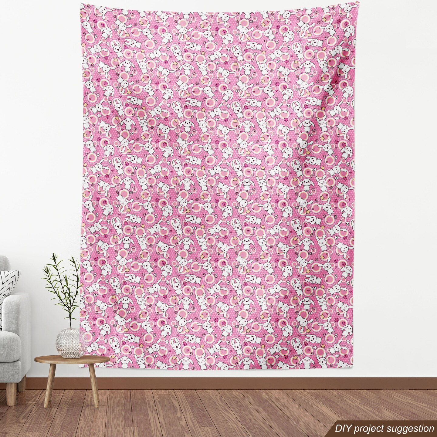 Ambesonne Anime Fabric by The Yard, Funny Kawaii Illustration Rabbits Funky Animals Bunnies Humor Print, Decorative Fabric for Upholstery and Home Accents, 2 Yards, White Pink