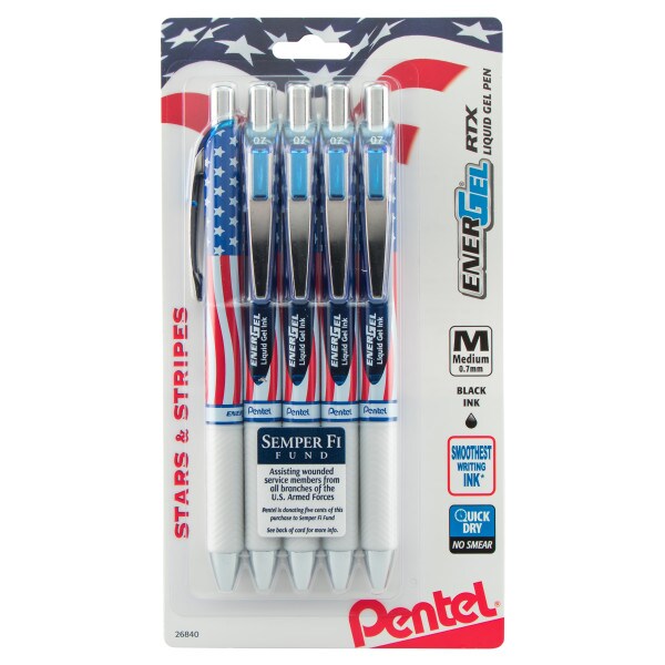 EnerGel RTX Retractable Liquid Gel Pen, Flag Barrel, (0.7mm) Metal Tip,  Medium Line, Black Ink, 5-Pk