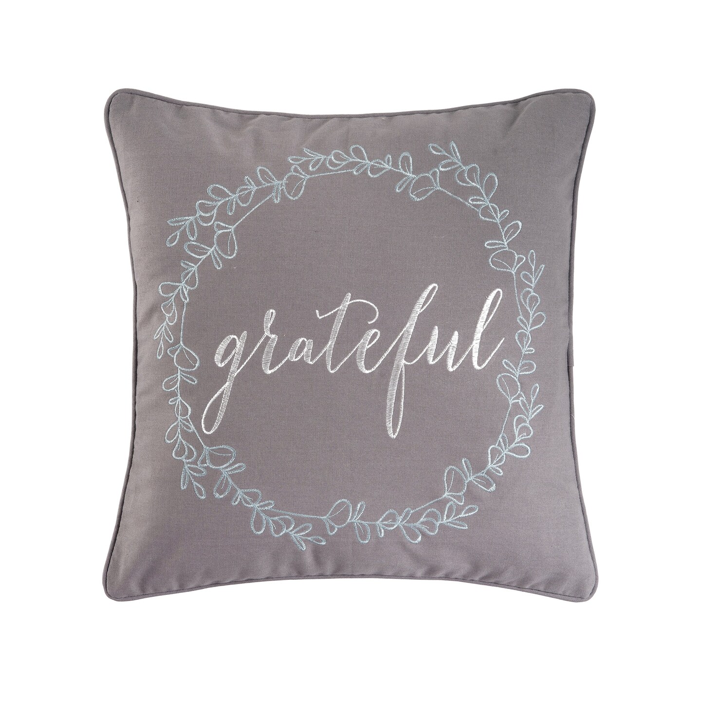 "Grateful" Cursive Wreath Embroidered 100% Cotton Accent Throw Pillow 18" x 18"