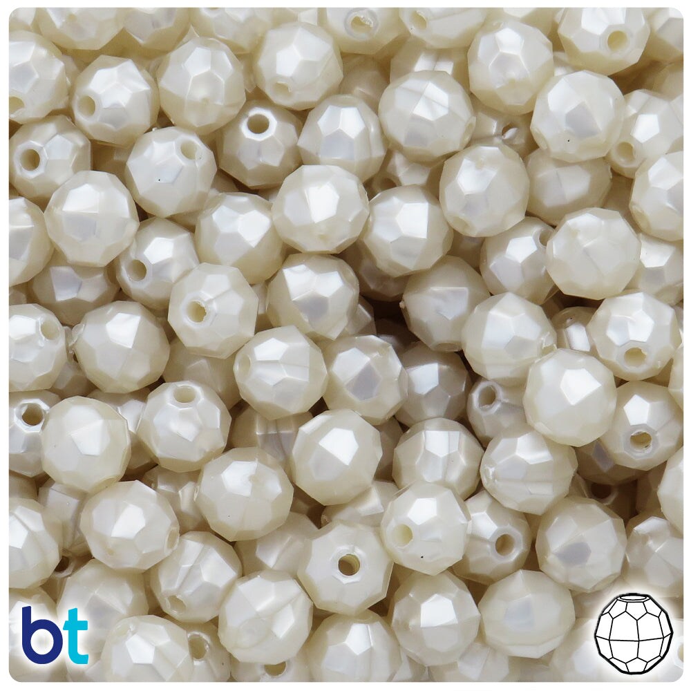 BeadTin Bridal Pearl 10mm Faceted Round Plastic Craft Beads (225pcs)