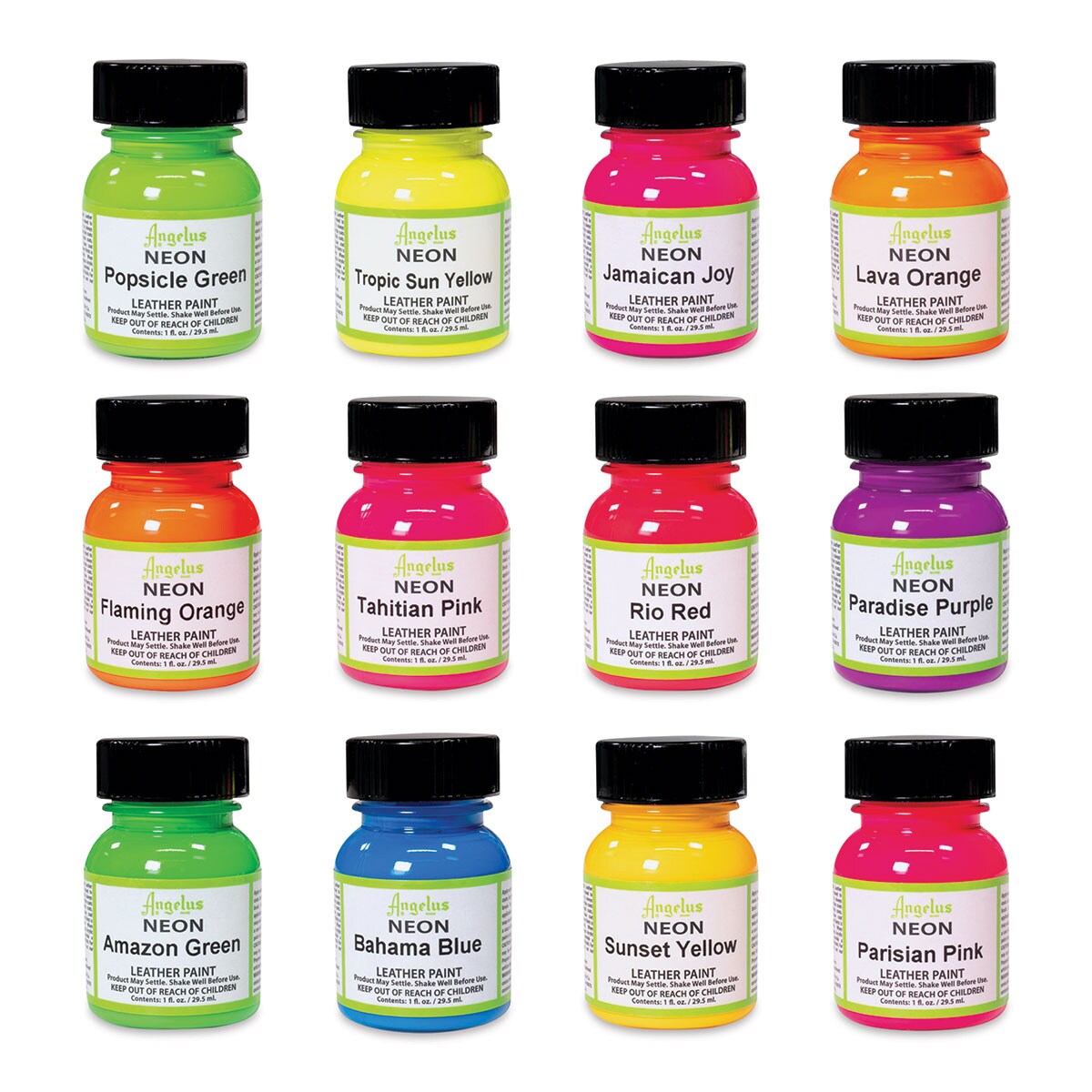 Angelus Acrylic Leather Paint Set - Neon, Assorted Colors, Set of 12