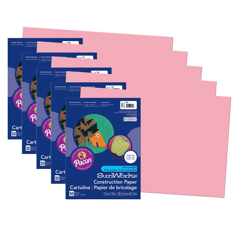 Construction Paper, Pink, 12&#x22; x 18&#x22;, 50 Sheets Per Pack, 5 Packs