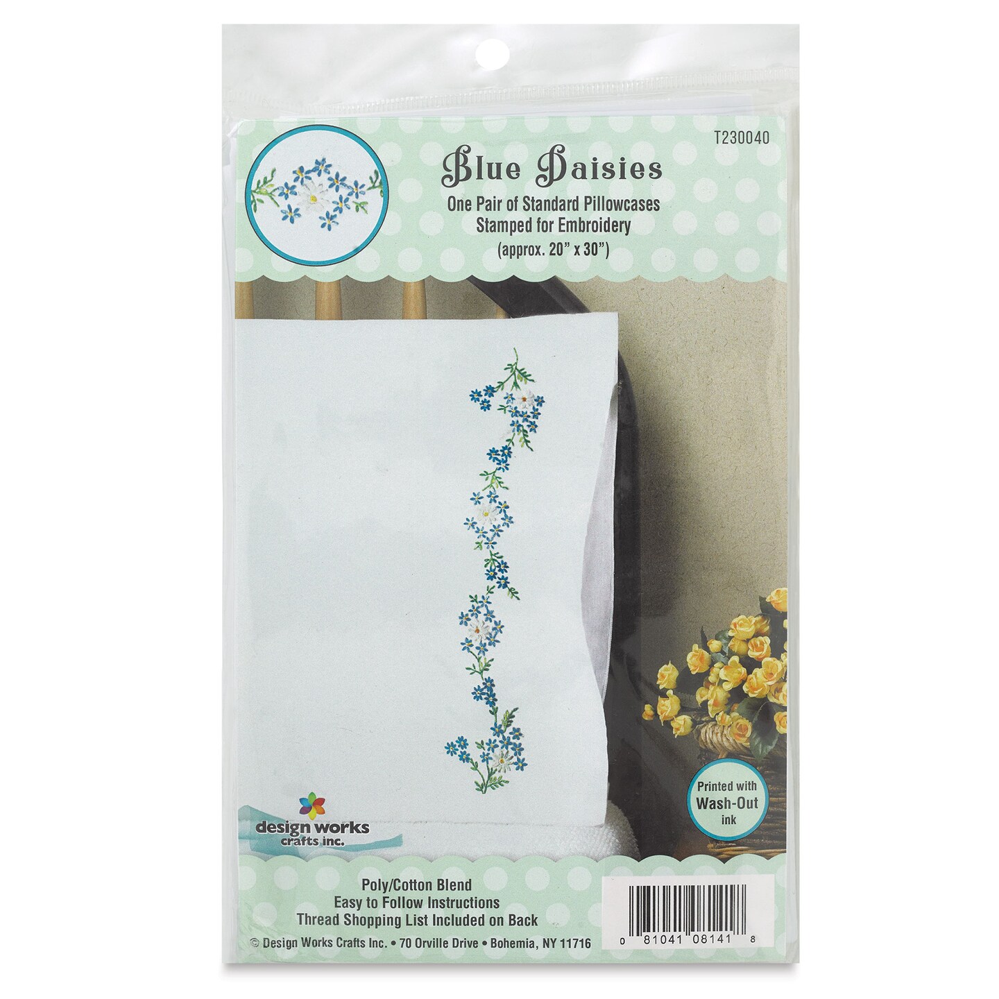 Design Works Stamped For Embroidery Pillowcase - Blue Daisies, Pkg of 2