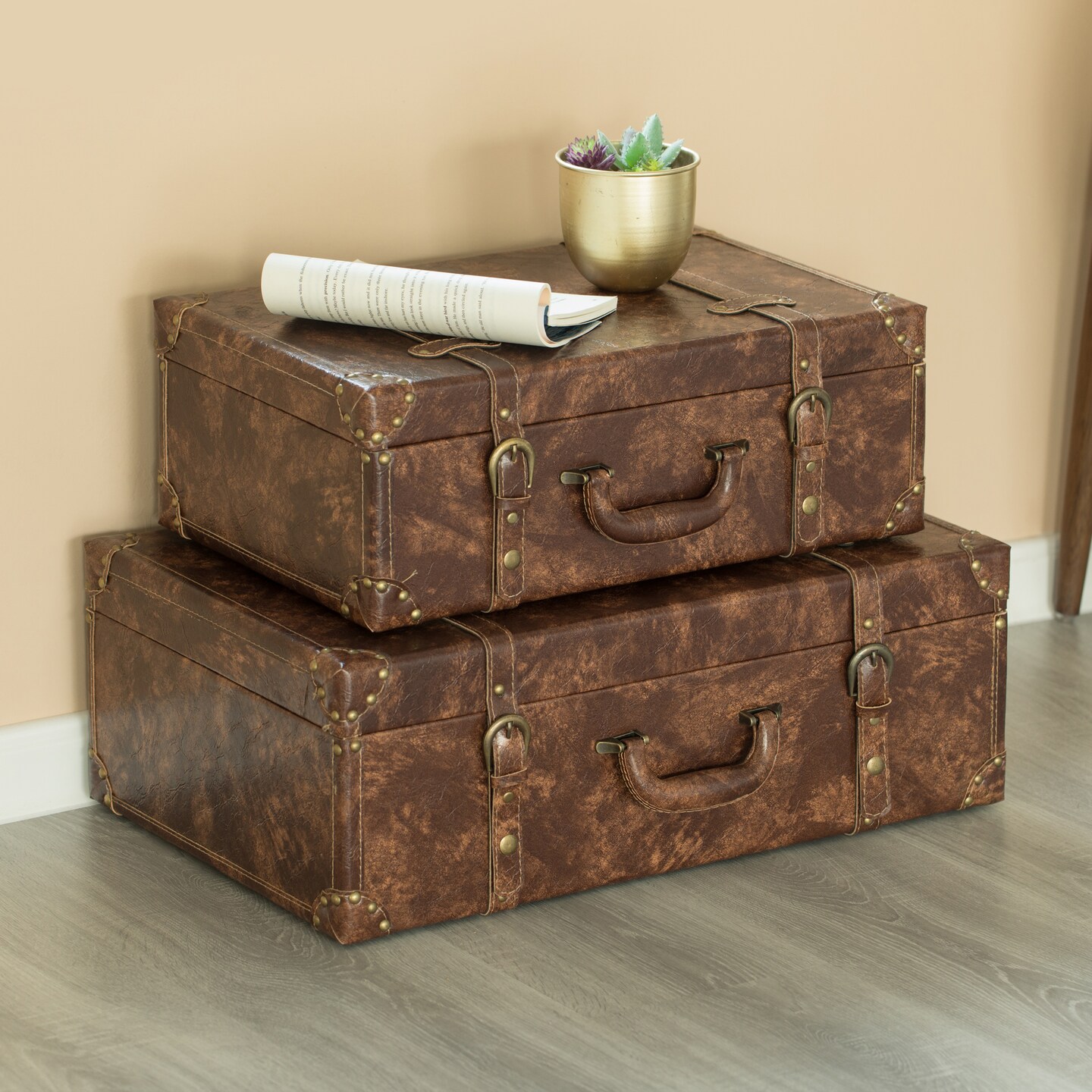 Suitcase Storage Trunk with Faux Leather Set of 2
