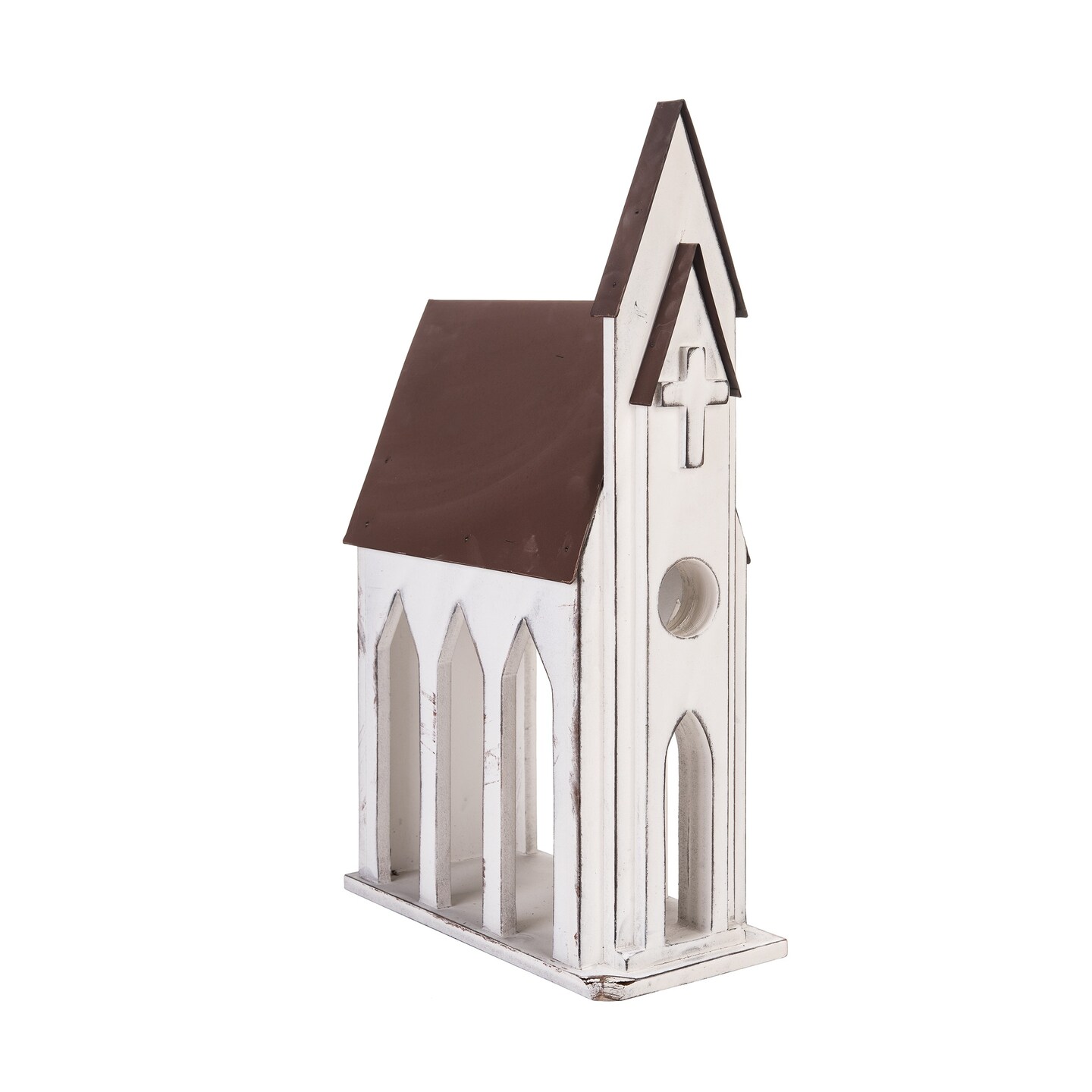 17.9" Rustic White Church Chapel w/ Brown Roof Easter & Christmas Card Iron Mail Holder