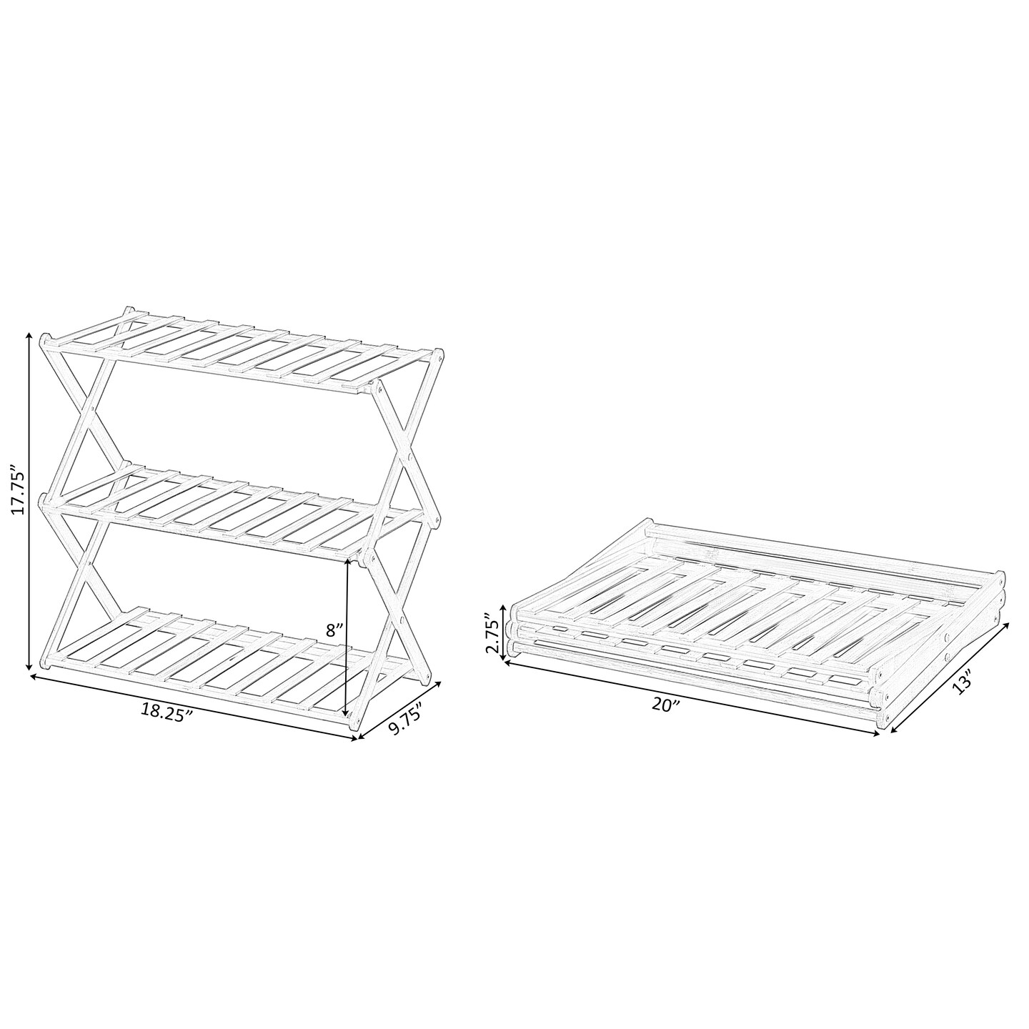 Bamboo Foldable Shoe Rack, Free Standing Shoe Organizer Storage Rack