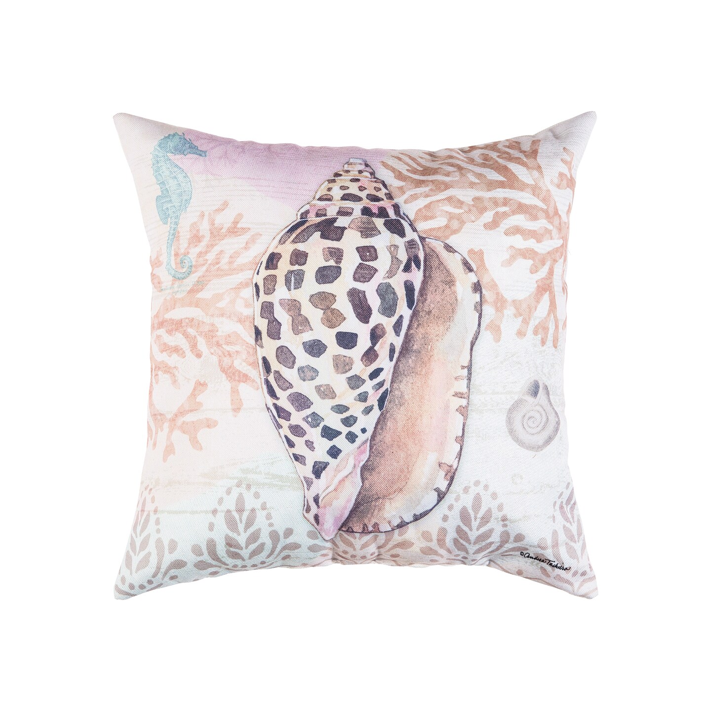 Brown Conch Shell w/ Seahorse & Coral Indoor/Outdoor Throw Pillow, 18" x 18"