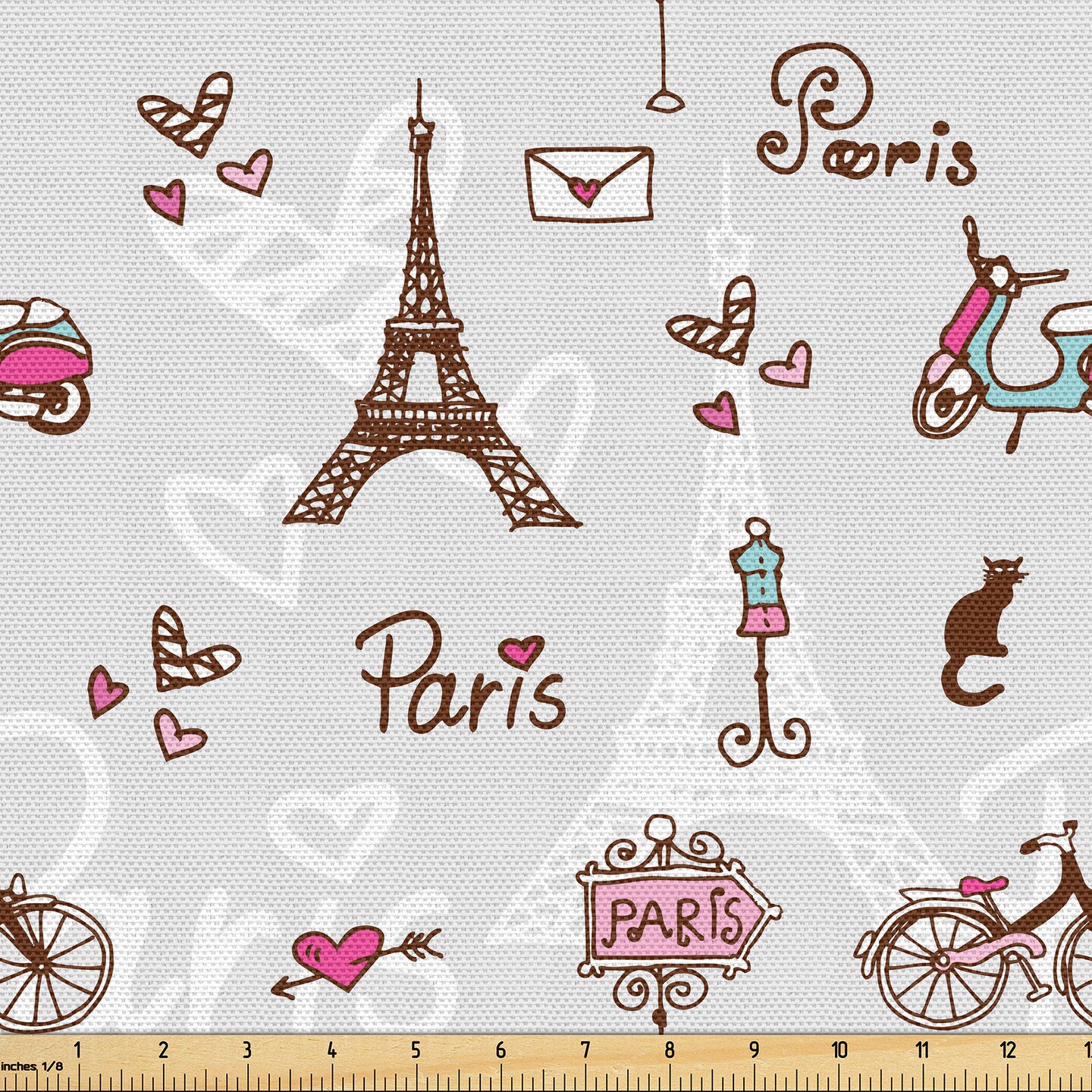 Ambesonne Paris Fabric by The Yard, Romance Language Capital of Love Eiffel Heart Fashion City Girlish Print, Decorative Fabric for Upholstery and Home Accents, 3 Yards, Redwood Pearl