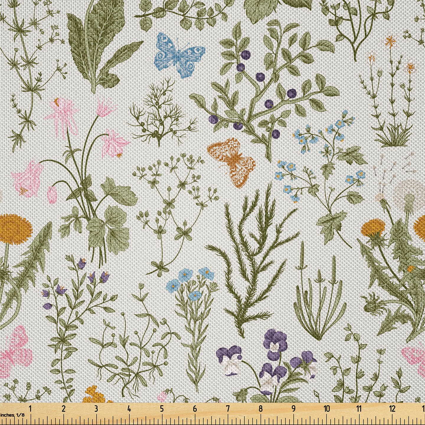 Ambesonne Floral Fabric by The Yard, Vintage Garden Plants Herbs Flowers Botanical Classic Design, Decorative Satin Fabric for Home Textiles and Crafts, 3 Yards, Reseda Green Beige