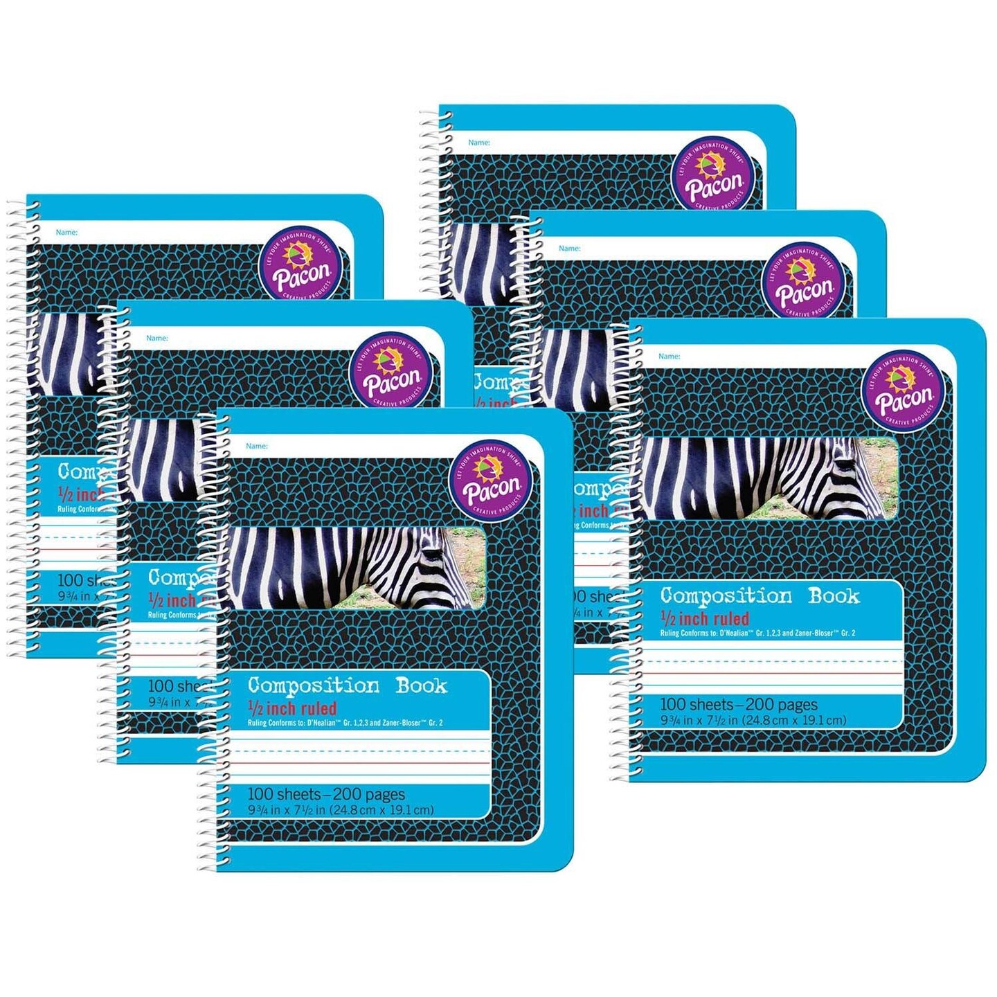 Primary Composition Book, Spiral Bound, D'Nealian/Zaner-Bloser, 1/2" x 1/4" x 1/4" Ruled, 9-3/4" x 7-1/2", 100 Sheets, Pack of 6