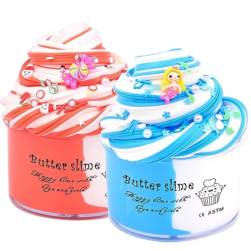 2 Pack Butter Slime Kit with Ocean Mermaid and Candy Charms, Cute Preppy and Aesthetic Stuff, Stress Relief Toys and Cool Birthday Gifts Ideas for Girls and Boys, Scented Party Favors for Kids