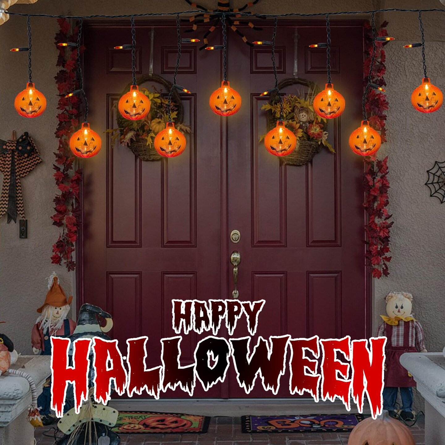 Halloween 7FT Pumpkin Curtain Lights with 10 Waterproof Pumpkin String Lights, 25 LED Halloween Themed Lights for Windows, Porches, Stairs, Bars, Outdoor, Indoor Party Decorations
