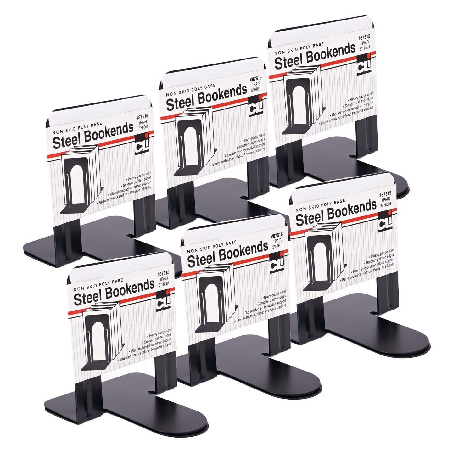 Metal Bookends, 5&#x22; Height, Black, 2 Per Set, 6 Sets