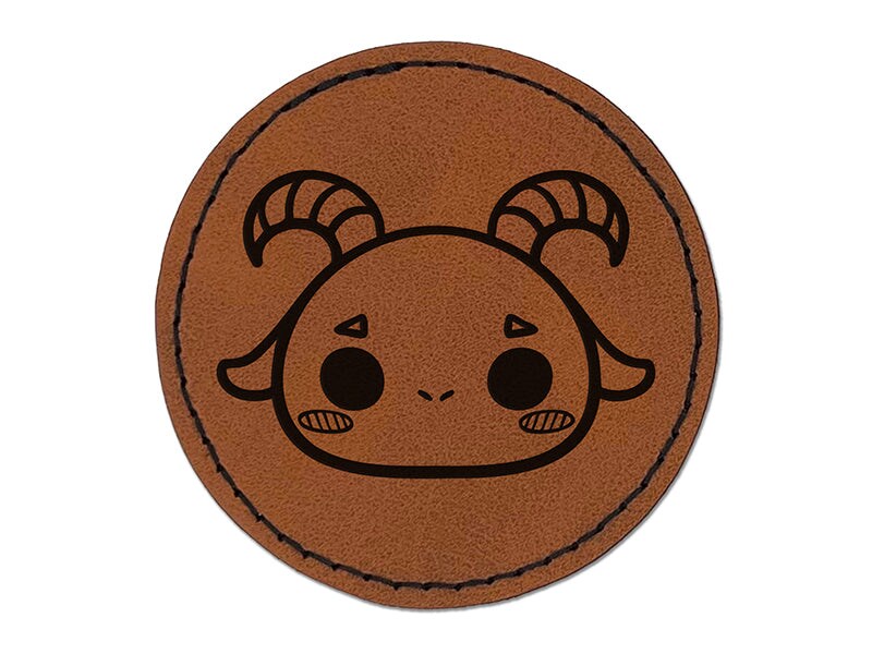 Charming Kawaii Chibi Goat Face Blushing Cheeks Round Iron-On Engraved Faux Leather Patch Applique - 2.5&#x22;