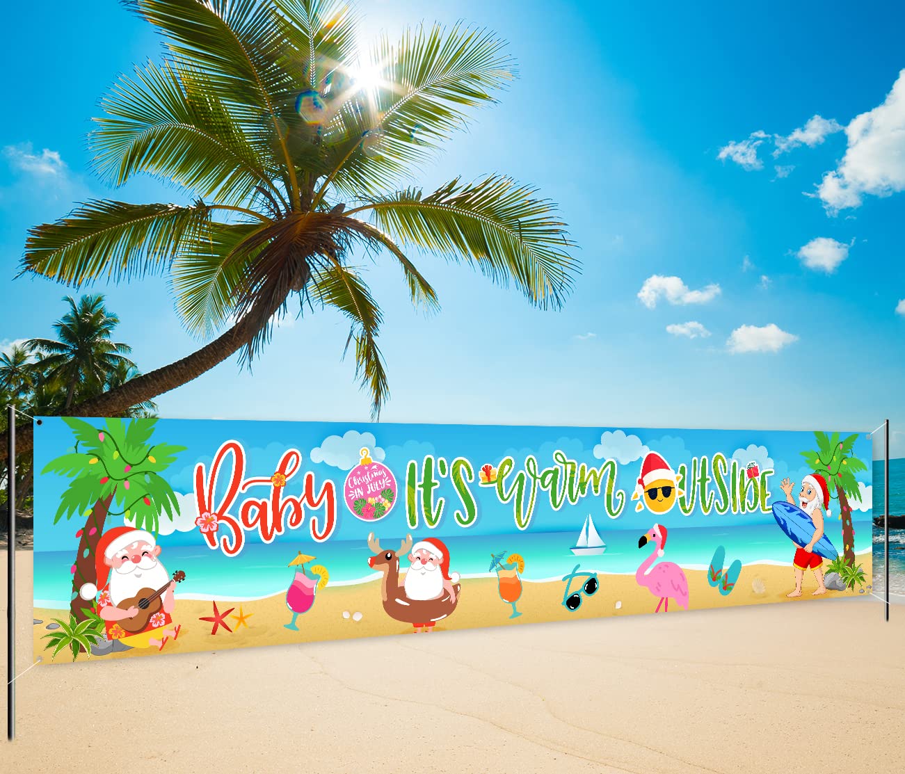 July Decorations Baby It&#x2019;s Warm Outside Banner Summer Christmas Yard Sign with Santa Claus, Beach and Flamingos for Hawaii Christmas Theme Supplies Indoor Outdoor Decorations