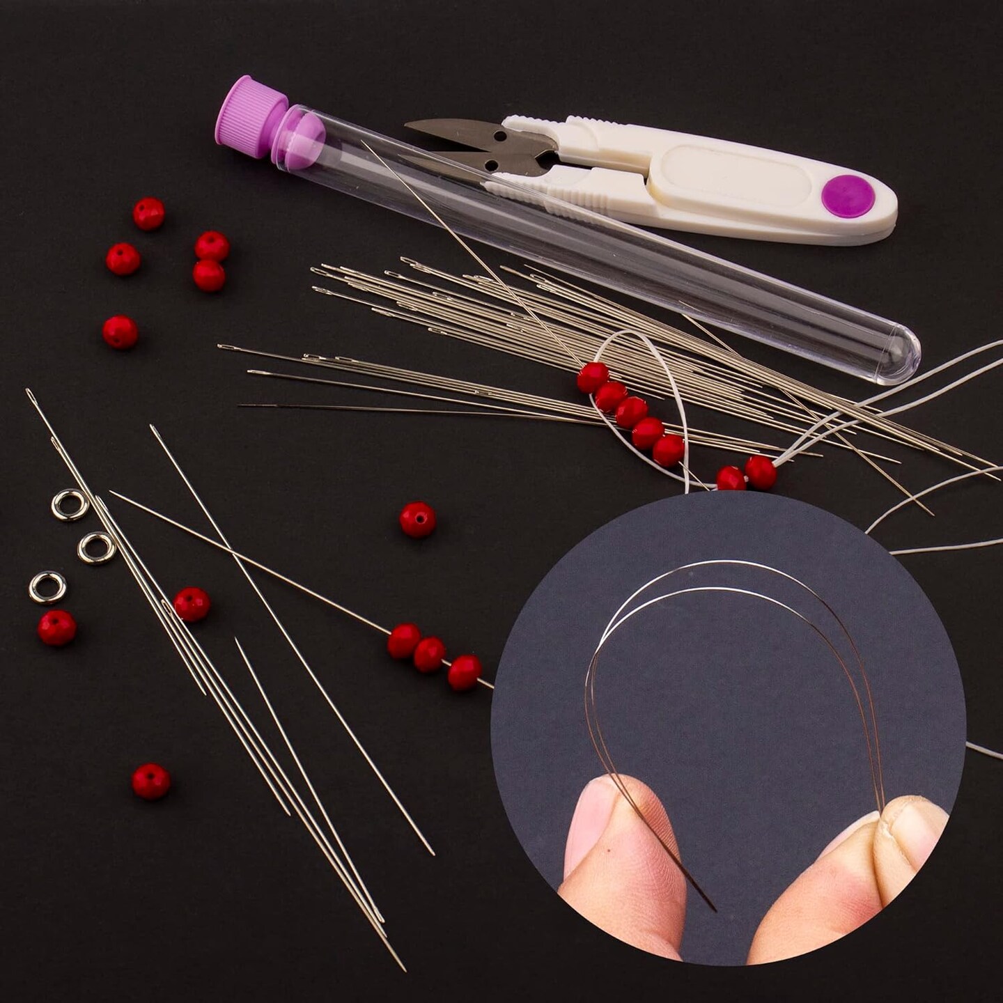 58Pcs Beading Needles for Jewelry Making, Seed Beads Tools, Include 40 Long Straight and 8 Big Eye Beading Needles,Needle Bottle, Thimble, Needle Threaders,Securing Clip and Tape Measure