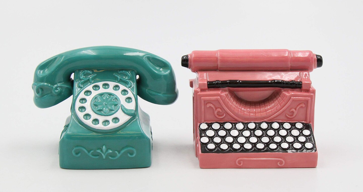 Fine Porcelain Vintage Retro Telephone and Typewriter Salt &#x26; Pepper Shakers Set, 3-3/8&#x22;