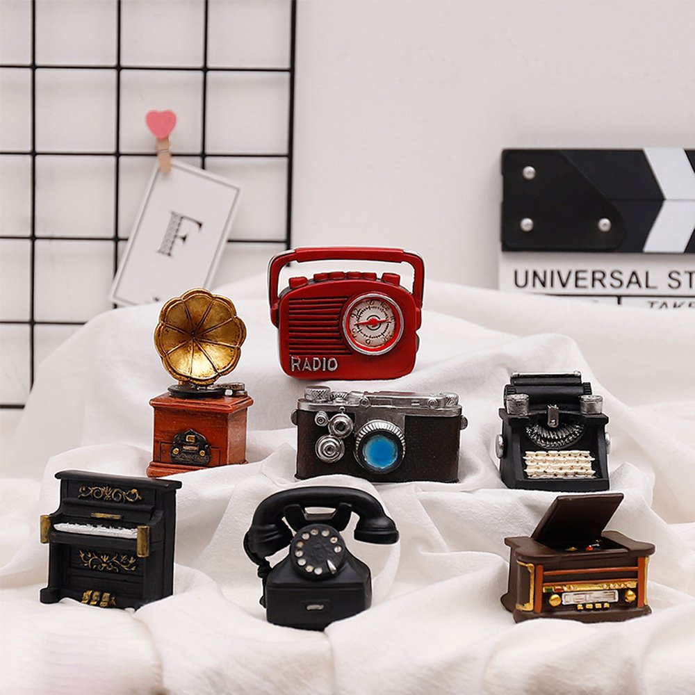 7 Pieces Creative Retro European Resin Figurine for Home Cafe Bar Window Decoration Children Toys and Gift (Incluing Telephones Typewriter Camera Piano Phonograph Radio and Sound player)