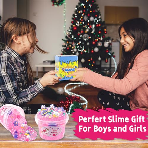 Pink Clear Slime Bucket, Slime Party Favors for Kids, Glimmer Crunchy Slime Includes 9 Packs of Slime Add-ins, Stress Relief Slime Kit for Girls and Boys Ages 8-12