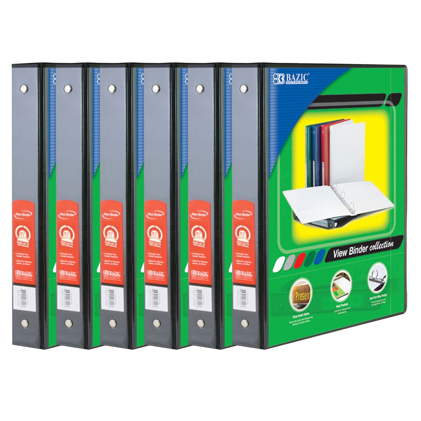 3-Ring View Binder with 2 Pockets, 1.5&#x22;, Black, Pack of 6