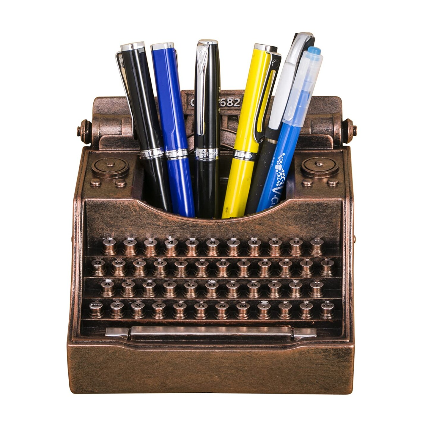 Retro Typewriter Pen Holder Vintage Desk Accsesories Unique Cool Gifts for Writer Typewriter Lovers and Secretary Cute Funny Pencil Cups for Office Home School (Bronze)