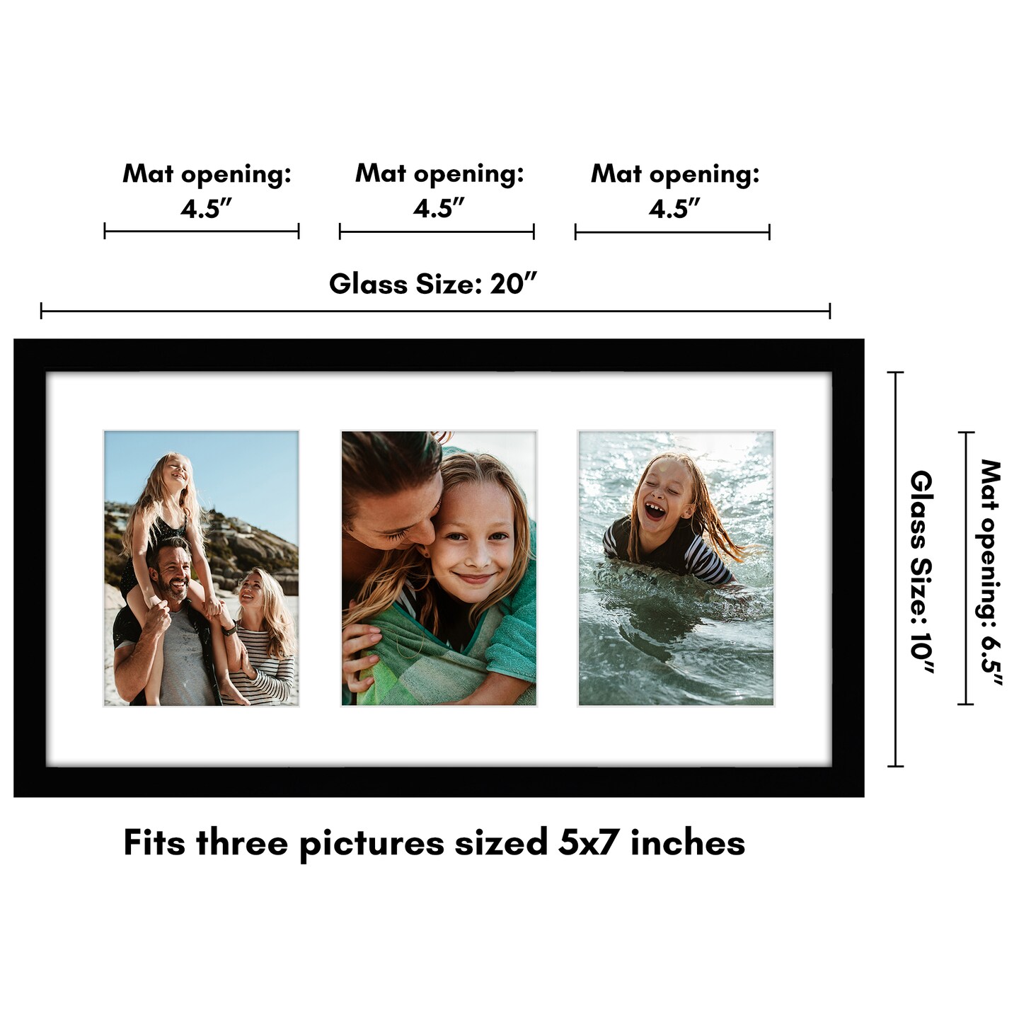 Americanflat 10x20 Collage Picture Frame - Displays (3) 5x7 Photos with Mat or (1) 10x20 Photo without Mat - Wall Gallery Decor - Plexiglass Cover - Hanging Hardware - Black