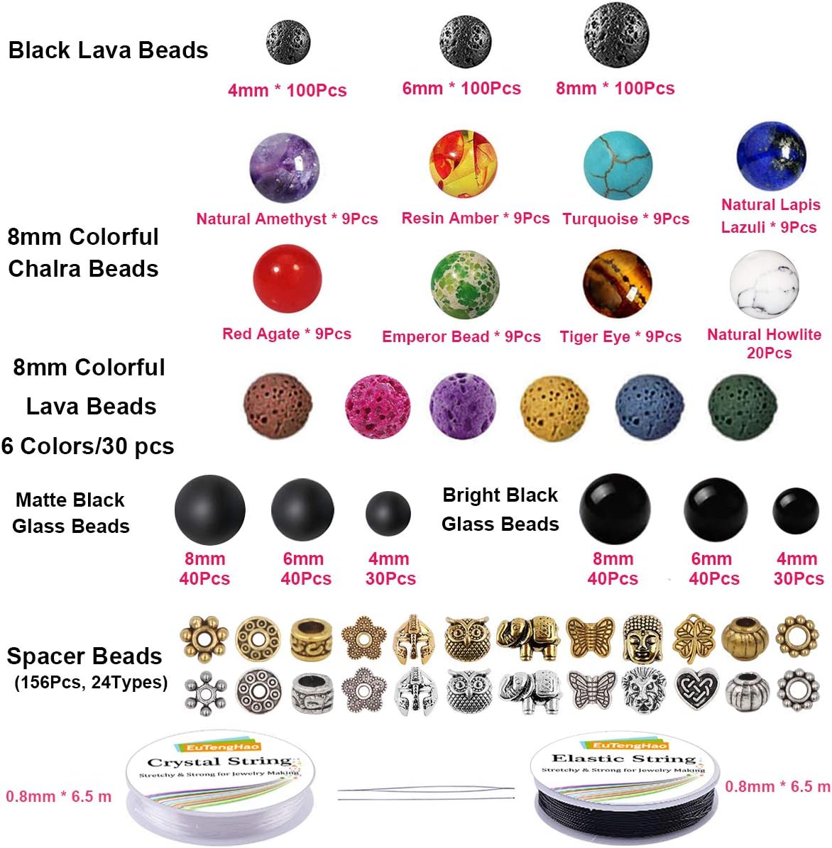 810Pcs Color Lava Rock Beads Stone Chakra Beads Spacer Beads Kit with Volcanic Gemstone Crystal String for Diffuser Essential Oils Yoga Bracelets DIY Jewelry Making Supplies (4mm 6mm 8mm)