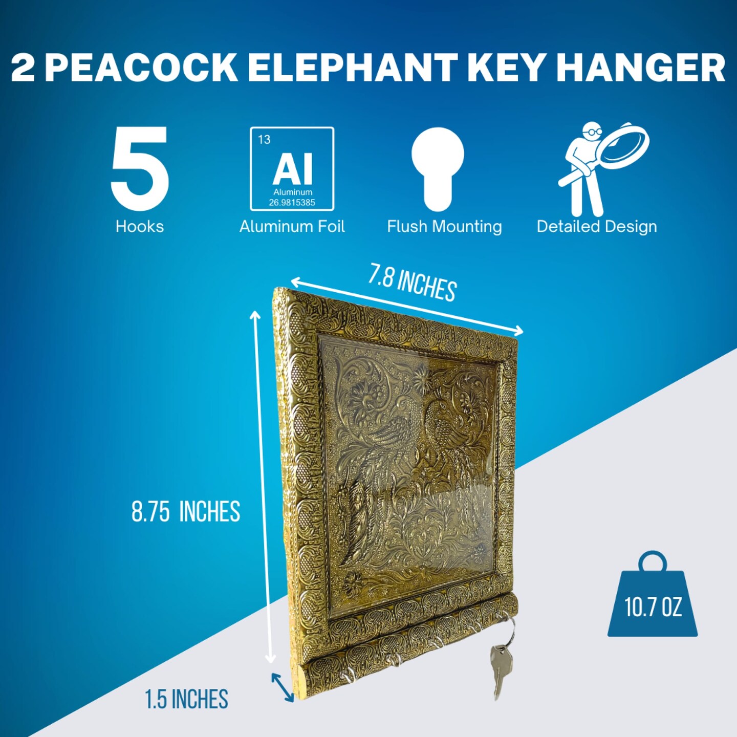 Peacock Design Frame Wall Key Holder for Wall Decorative, Hand Crafted Wall Hooks for Hanging Stylish Key Stand Home Office Decor Housewarming Gift 5 Hooks (pack of 1)