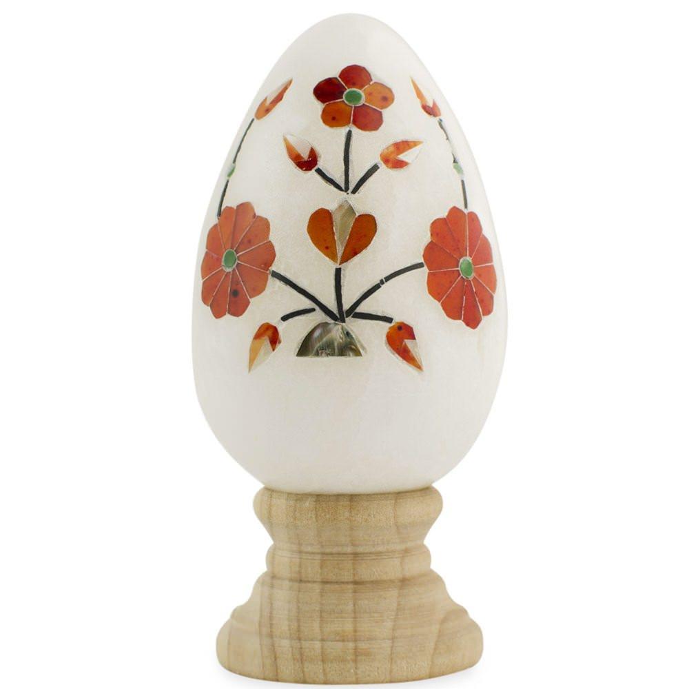 Hand Carved and Inlaid Flowers Gemstone Easter Egg