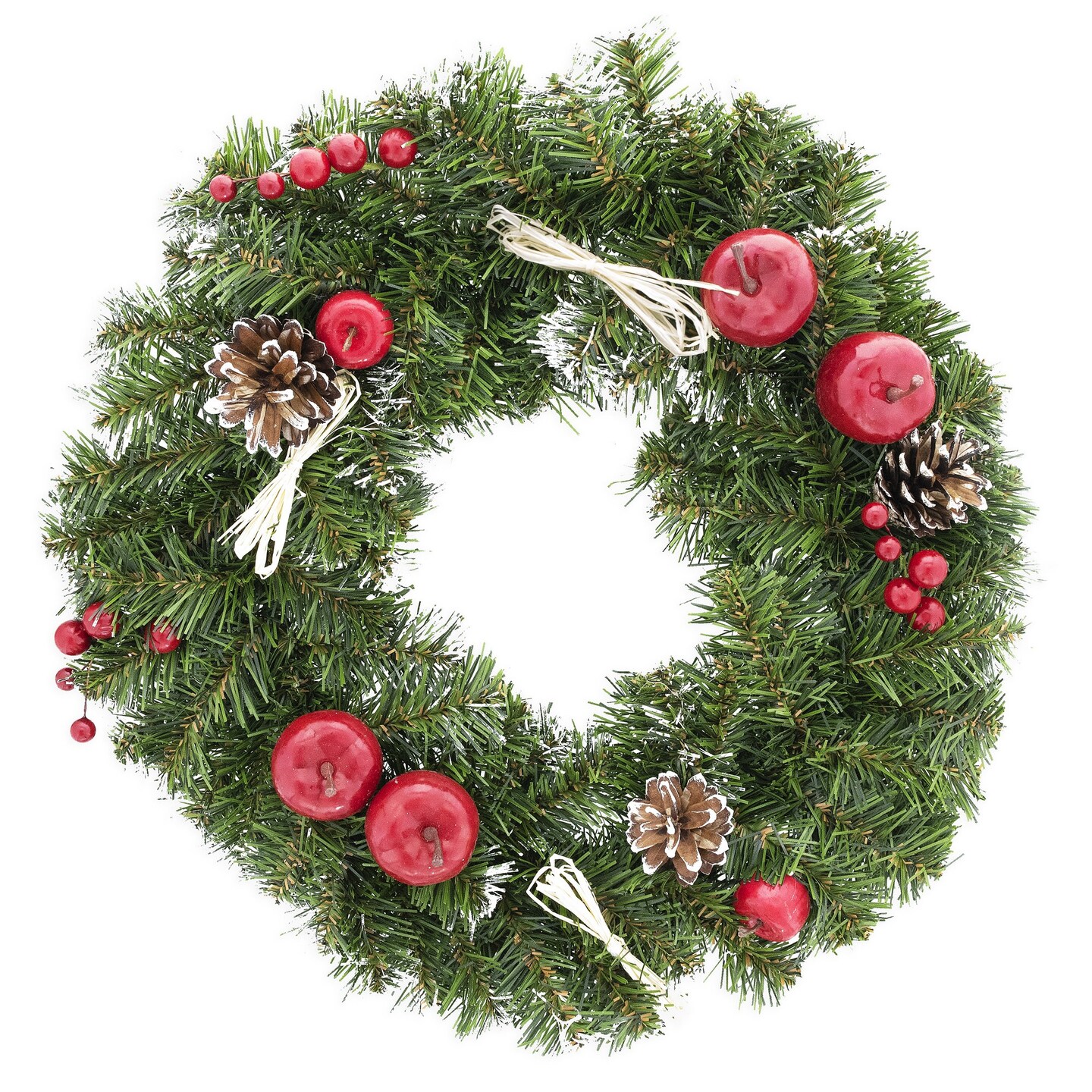 Ukrainian Christmas Wreath w. Frosted Straw Bows, Apples &#x26; Pine Cones 16 Inches