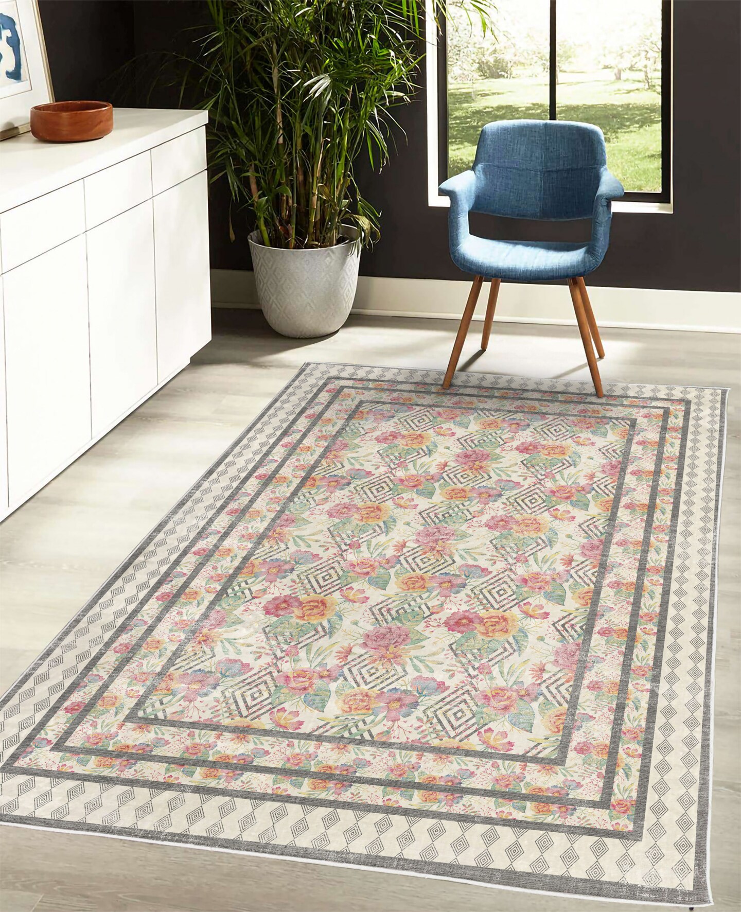 Ambesonne Modern Decorative Rug, Tropical Look Wild Roses and Geometric Rhombuses Floral Concept Artwork, Quality Carpet for Bedroom Dorm and Living Room, Grey and Multicolor