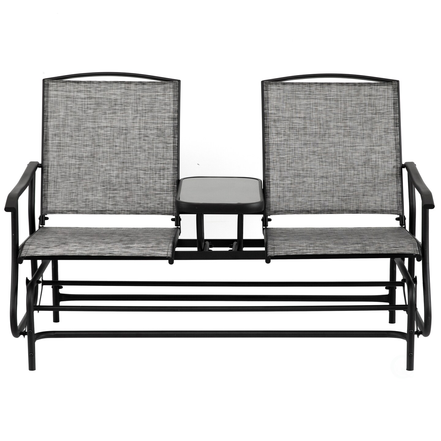 Two Person Outdoor Double Swing Glider Chair Set with Center Tempered Glass Table, Loveseat Lawn Rocker Bench