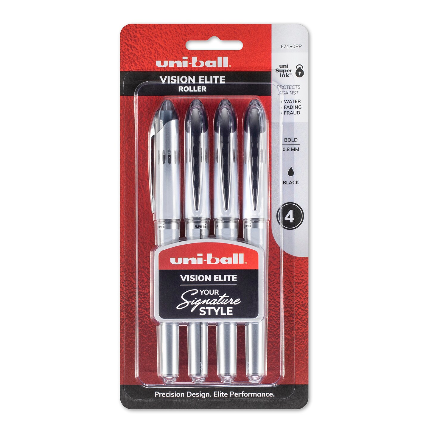 Uni-Ball Vision Elite Rollerball Pen, .8Mm, Black, 4/Pkg.